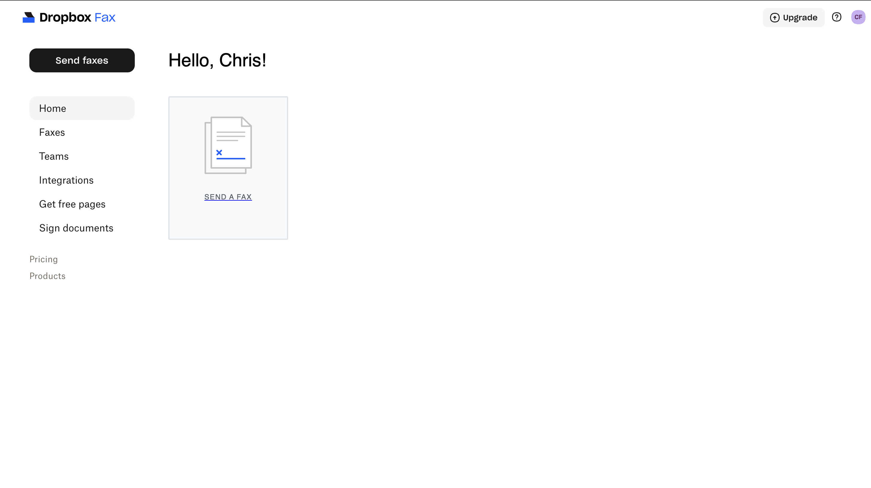 Dropbox Fax dashboard showing the home screen with a 'Send faxes' button in the top-left sidebar and a 'Send a Fax' card with a document icon in the center of the page