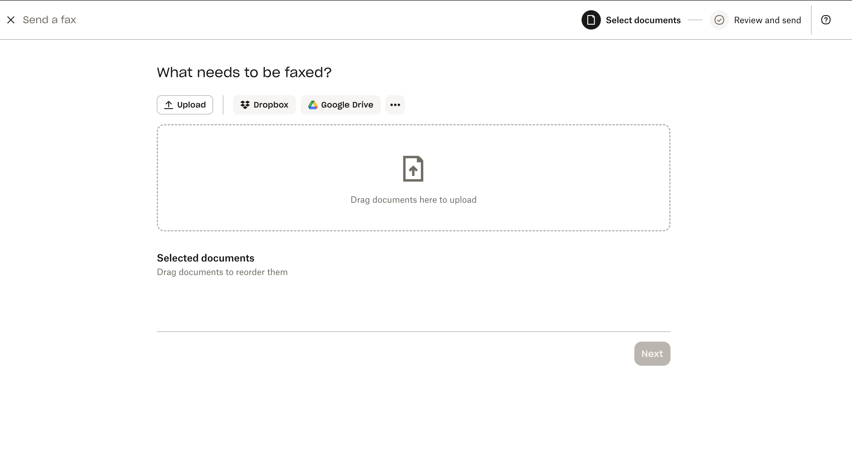 Dropbox Fax document upload screen showing a drag-and-drop area with tabs for Upload, Dropbox, and Google Drive, a 'Selected documents' section below, and a Next button in the bottom-right corner