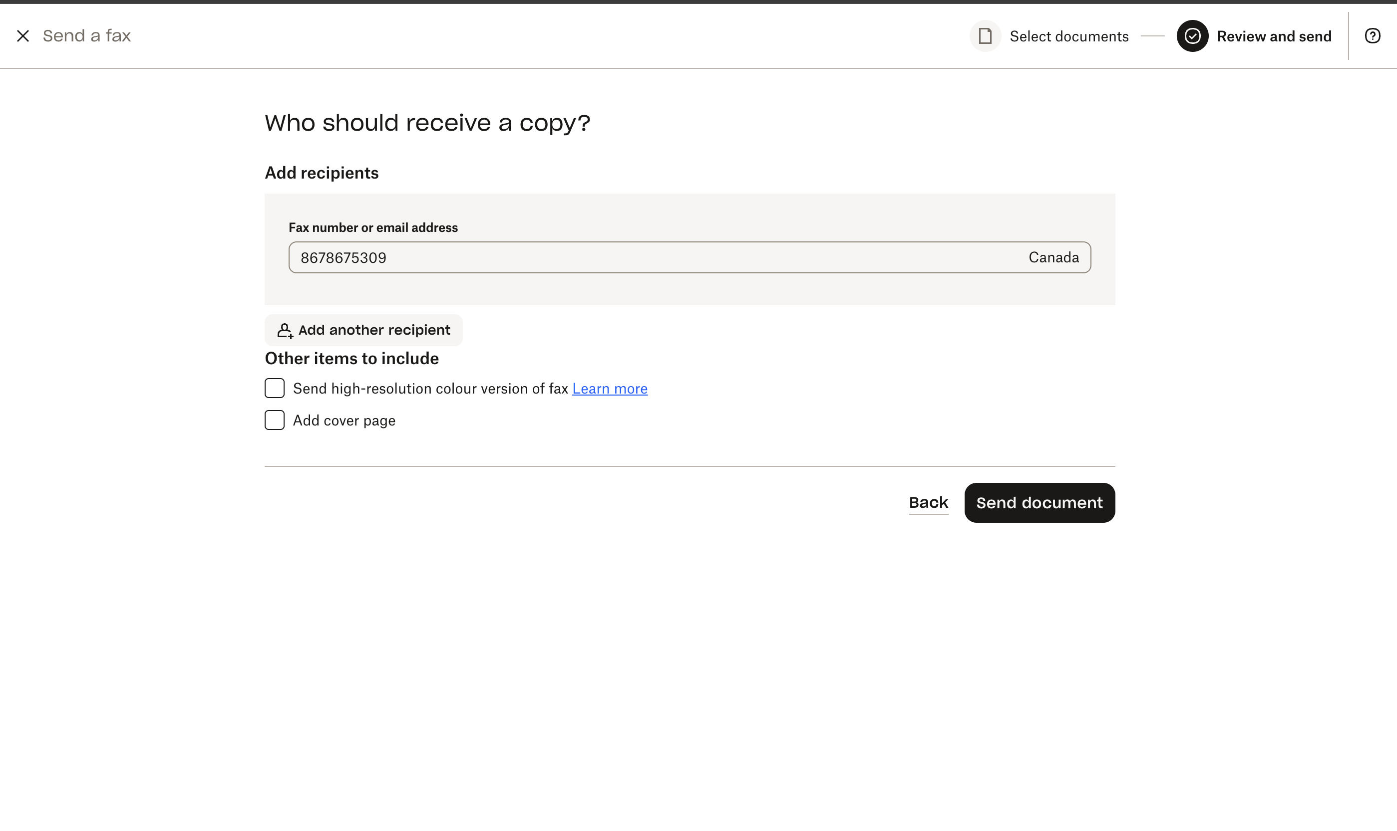 Dropbox Fax review screen showing a fax number entered in the recipient field with the country set to Canada, checkboxes for 'Send high-resolution colour version of fax' and 'Add cover page', and a prominent black 'Send document' button